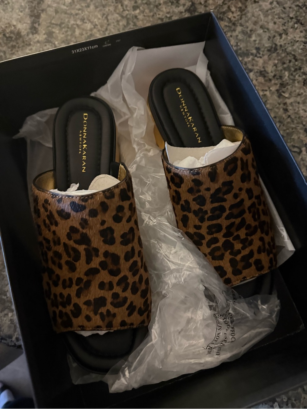 Donna Karan Leopard-Print Slide Mules in Brown and Black